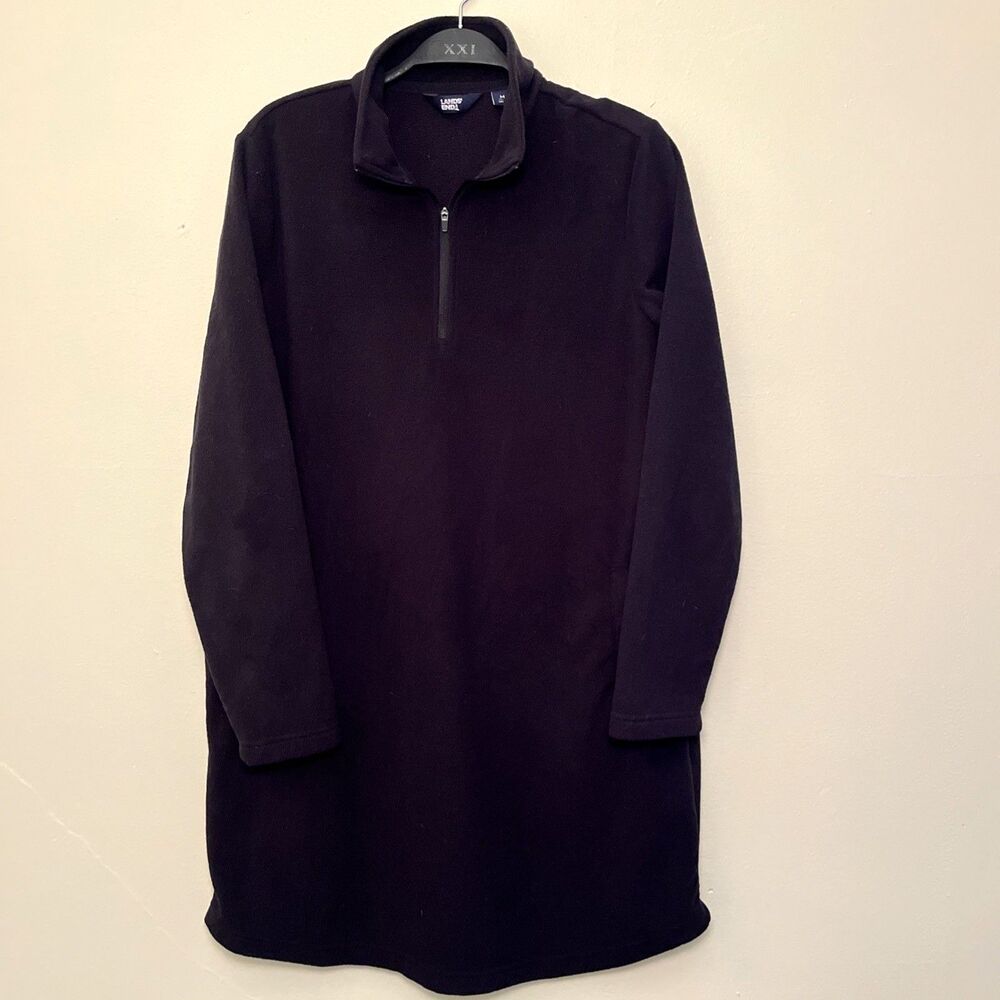 LANDS END Fleece Quarter Zip Long Sleeve Pocketed Shift Dress, Black- M